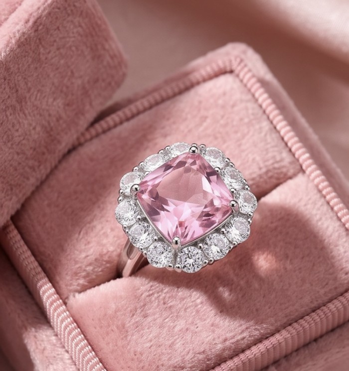 Tiffany - authentic princes cut 14.5 carat Pink Sapphire .925 Sterling Silver Handcrafted Statement Ring size 7 1/2 - Close-up of pink sapphire ring with diamond halo in a pink velvet box.