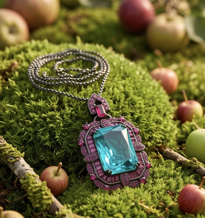 ART DECO Authentic 27.7 carat Aquamarine Ruby Black rhodium over .925 Sterling Silver handmade necklace - Aquamarine pendant with rubies on moss, front view.