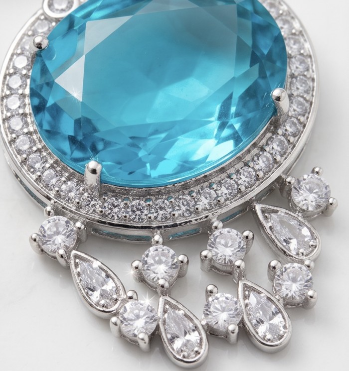 A Wild Ocean genuine 27.4 carat Paraiba Tourmaline .925 Sterling Silver handmade Statement necklace - Close-up of 27.4 ct Paraiba Tourmaline pendant with diamond accents.
