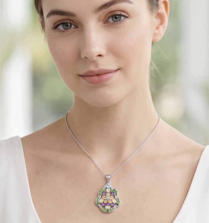 Giovanna - Authentic 18.9 carat Brazilian Citrine .925 Sterling Silver dipped in rhodium handcrafted Statement pendant - Woman wearing Giovanna Brazilian Citrine pendant, front view.