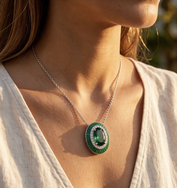 Art Deco - Royalty 10.2 carat Emerald .925 Sterling Silver .925 Sterling Silver Statement Necklace - Necklace worn, close-up of 10.2 ct emerald on sterling silver pendant.