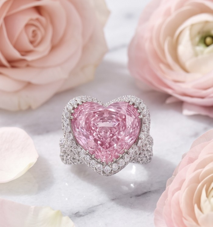 Venus's Heart 8.8 carat Pink Sapphire .925 Sterling Silver dipped in rhodium handcrafted Statement ring size 7 - Close-up of Venus's Heart ring with pink sapphire, surrounded by flowers.
