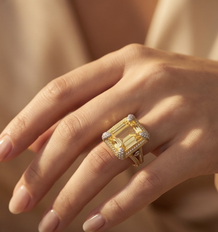 Wearable Art - Solid 27.2 carat Genuine Yellow Sapphire .925 Sterling Silver handcrafted ring size 6 1/2 - Yellow sapphire ring, 27.2 carat, worn on hand, close-up view.
