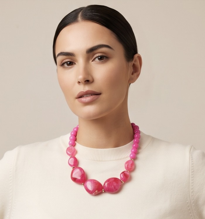 Rare and Unusual Hot Pink Botswana Agate golden NECKLACE - photo 1