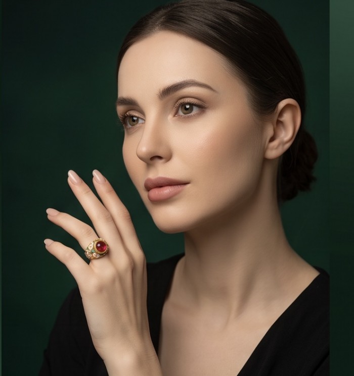 Giovanna 5.6 carat Kashmir Ruby .925 Sterling Silver dipped in 22K Gold handmade Statement Ring size 7 - Model wearing Giovanna 5.6 carat ruby ring, side profile view.