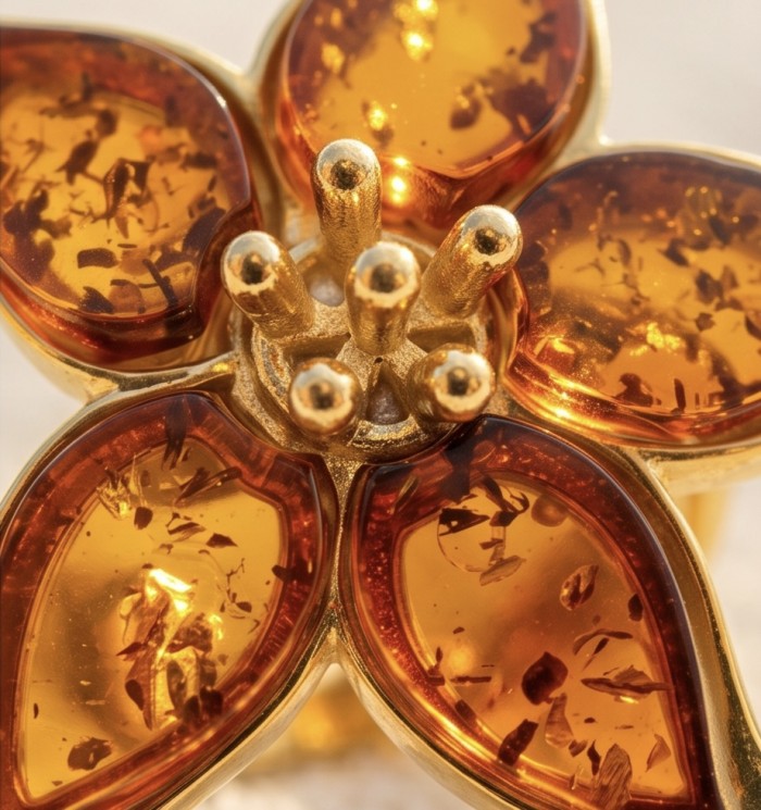 Golden Flower Authentic Baltic Amber 18K Gold over .925 Sterling Silver handcrafted ring; s. 7 adjustable - Close-up of golden flower Baltic amber jewelry detail