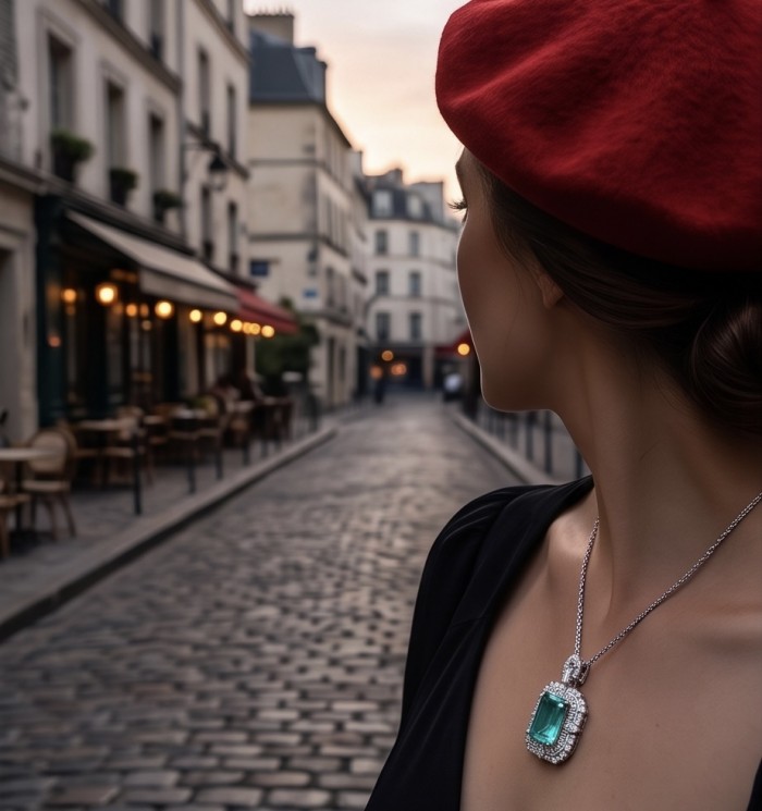 Rio Grande do Norte - Brazilian's Briliance - baquette cut 28.5 carat Paraiba Tourmaline .925 Sterling Silver handcrafted necklace - Side view of necklace with emerald-cut stone on woman, city backdrop.