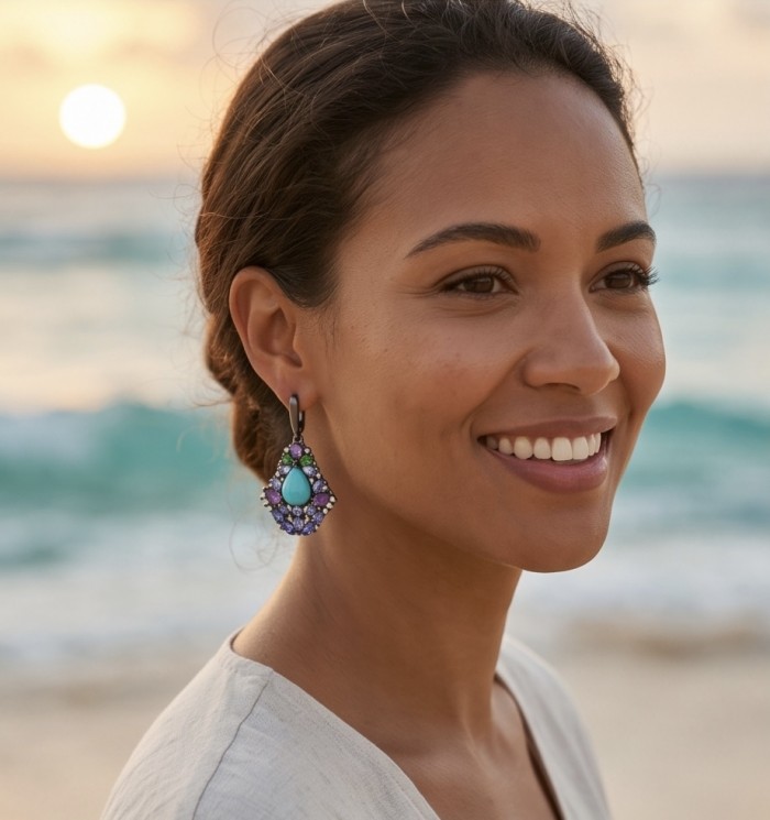 Discover the captivating allure of Genuine Caribbean Larimar black rhodium over .925 Sterling Silver STATEMENT earrings - Side view: woman wearing Genuine Caribbean Larimar earrings by the beach.