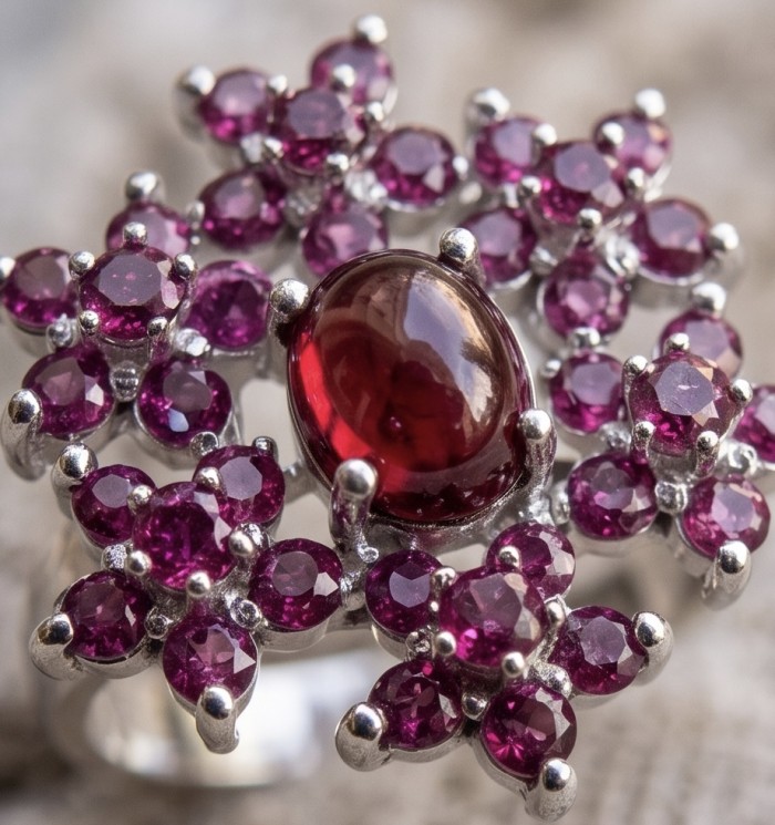 Bella Rosa Genuine 10.5 CARAT Ruby rhodium over .925 Sterling Silver Statement Ring size 6 3/4 - Stone close-up of Bella Rosa 10.5 carat ruby ring in rhodium over silver.
