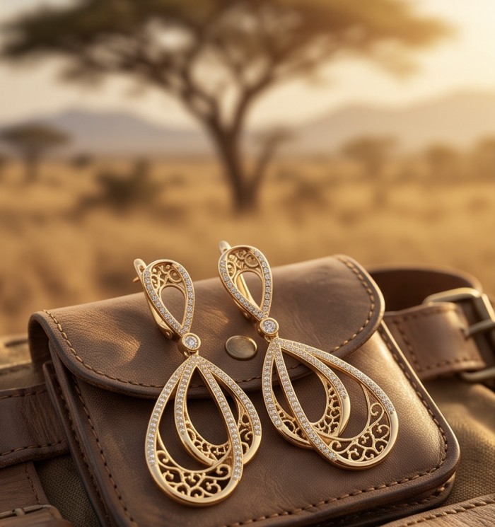 Black Label Collection - Dubai Style - Natural 22K Gold over .925 Sterling Silver handmade earrings - Gold earrings on leather bag in desert landscape, side view.