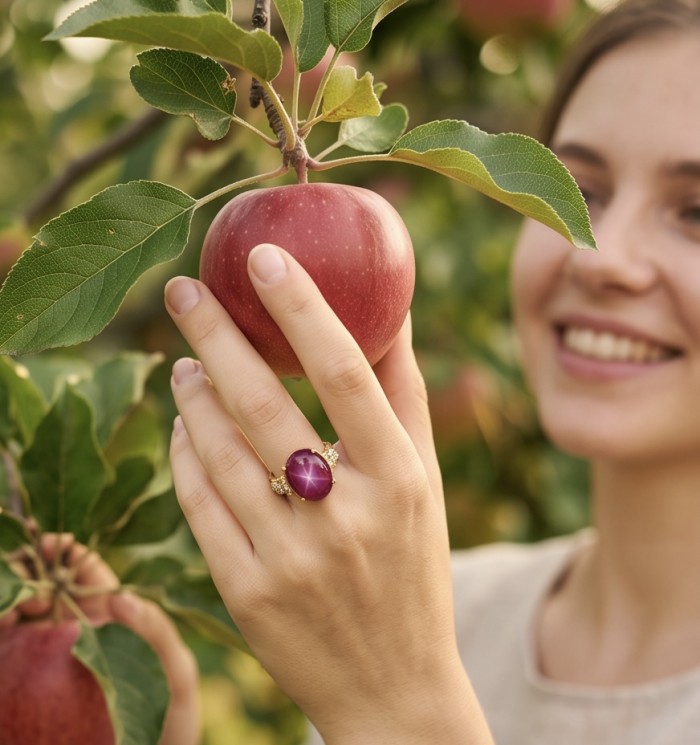 Bella Rosa Genuine 17.5 CARAT Ruby 18K Gold over .925 Sterling Silver Large Statement Ring size 8 - Ruby ring worn while picking apples, close-up.
