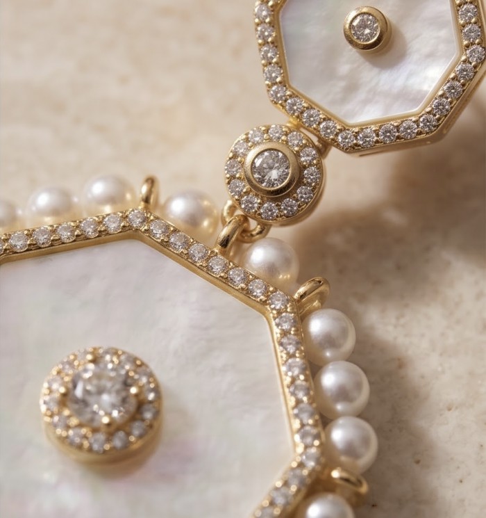 Large - Sublime Blister Pearl White Sapphire 18K Gold over .925 Sterling Silver handcrafted Earrings - Close-up of gold and pearl necklace with sapphire detail.