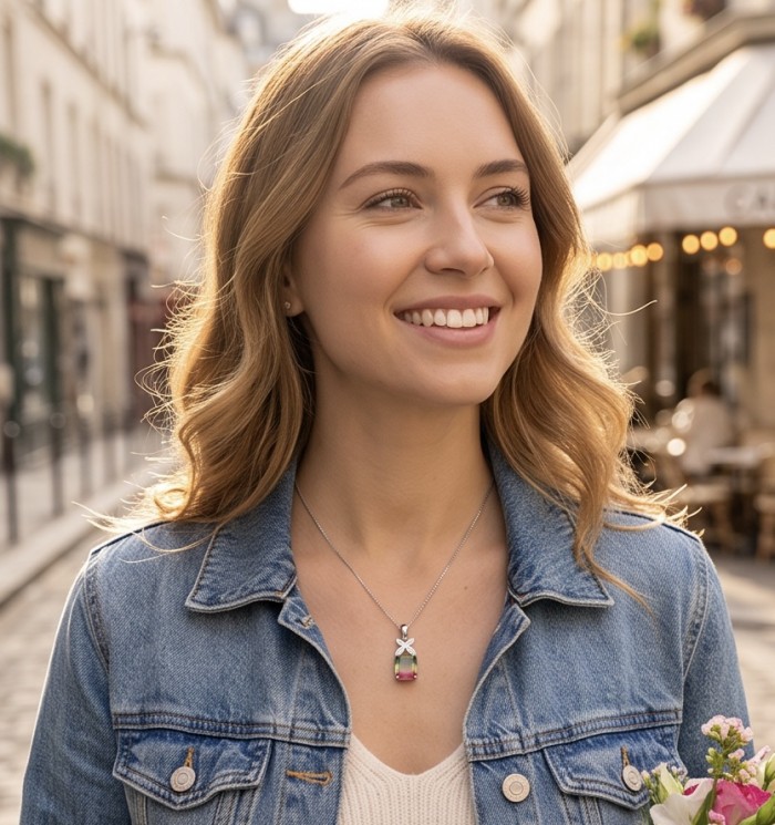 Isabella 5.2 carat emerald cut Brazilian Tourmaline .925 Sterling Silver Perfectly handcrafted Statement Ring size 8 - Necklace worn outdoors, highlighting tourmaline pendant and wearer’s smile.