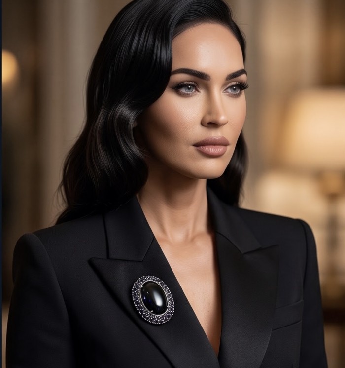 Vintrage Design - Large 58.8 carat Genuine the best quality Mexican Onyx .925 Sterling Silver handcrafted Pendant Brooch - Side view of large gemstone brooch on a woman's black blazer.