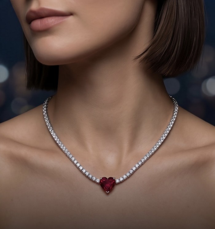 Red Heart - natural 8.5 carat Ruby .925 Sterling Silver handmade Statement necklace - Necklace worn on neck, heart-shaped ruby centerpiece, diamond accents.