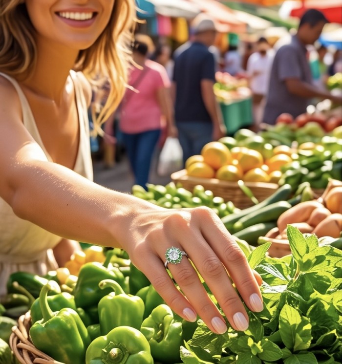Natural 4.9 carat Green Amethyst Emerald .925 Sterling Silver handmade Statement Ring size 9 - Green amethyst ring on hand at market, showcasing green bell peppers.