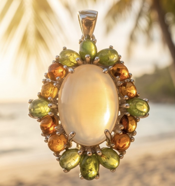 Angelina - Top quality 18.9 carat Brazilian Rose Quartz .925 Sterling Silver dipped in rhodium Handcrafted pendant - Close-up of Angelina pendant with Brazilian Rose Quartz and colored stones.
