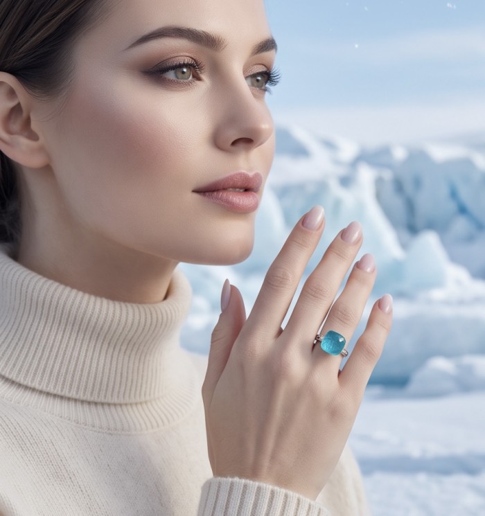 Angelina 4.9 carat authentic Aquamarine .925 Sterling Silver Handcrafted Ring size 6 1/4 - Aquamarine ring worn on hand against icy background, side view.