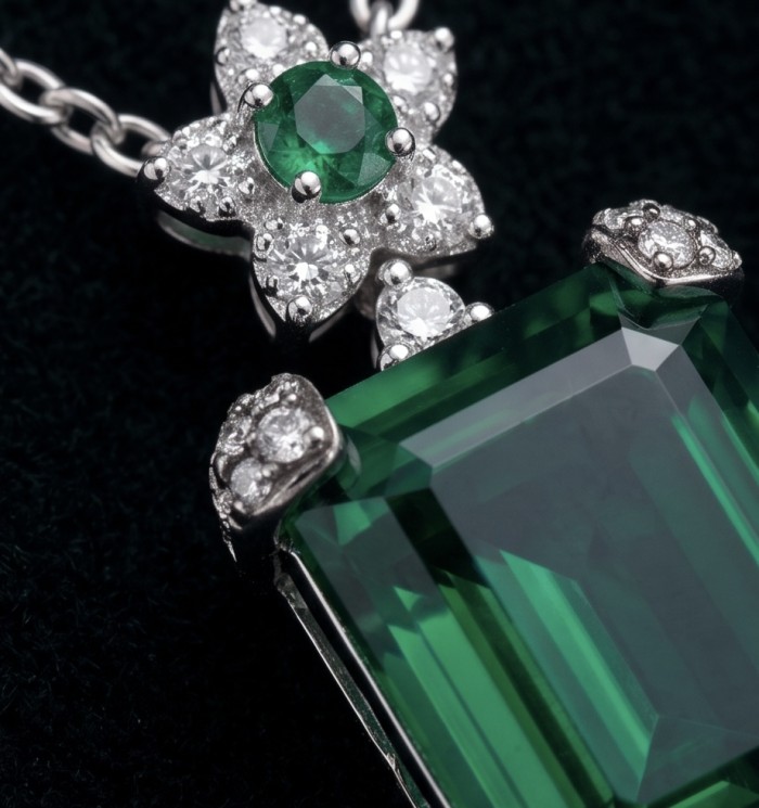 Tiffany - Authentic 24.5 CARAT Chrome Diopside .925 Sterling Silver handcrafted necklace - Close-up of emerald-cut chrome diopside pendant with diamond accents.