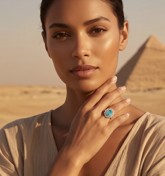 Elizabeth 14.2 carat Colombian Emerald .925 Sterling Silver dipped in Rhodium handcrafted Ring size 8 - Model wearing Elizabeth ring with Colombian emerald, pyramid backdrop