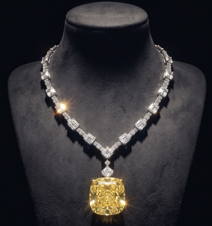 Iconic design - RARE BEAUTY - Valentina 108.2 carat asscher cut Yellow Sapphire .925 Sterling Silver dipped in rhodium Statement Necklace - Necklace front view with large yellow diamond pendant.