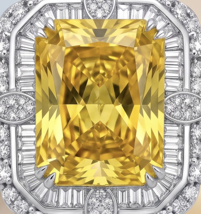 Art Deco - Baquette cut 35.5 carat YELLOW SAPPHIRE .925 Sterling Silver dipped in Rhodium handcrafted necklace - Close-up of Art Deco yellow sapphire ring with diamond accents