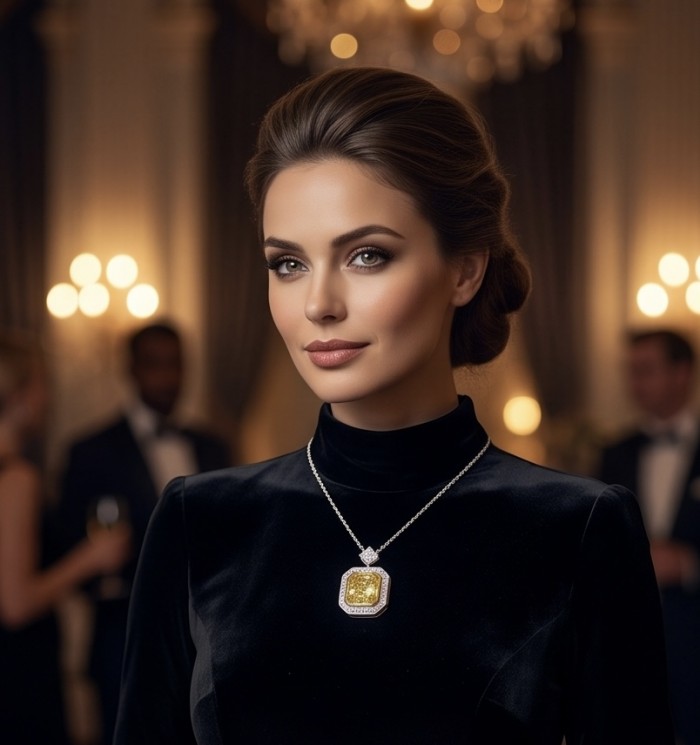 Art Deco - princess cut 15.8 carat YELLOW SAPPHIRE 2 tones .925 Sterling Silver dipped in Rhodium handcrafted necklace - Woman wearing Art Deco pendant with 15.8 carat yellow sapphire at event.