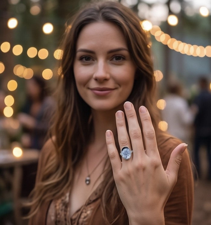 LARGE Top Quality Dendritic Agate .925 Sterling Silver handcrafted Ring s. 7 adjustable - Woman wearing dendritic agate ring on hand, outdoor setting.