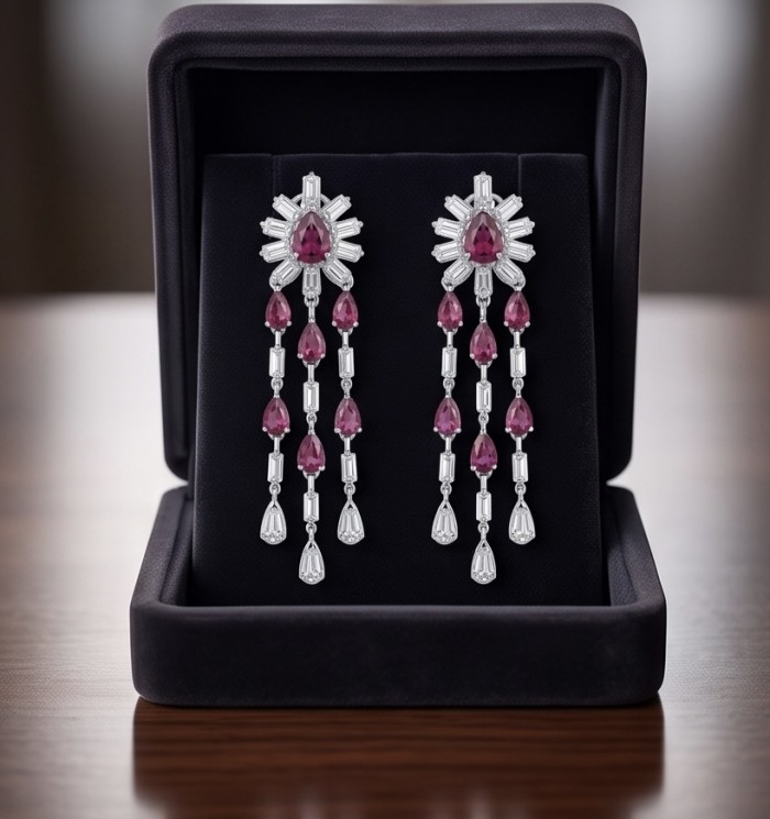 Isabella - natural 5.5 carat Mozambique Garnet rhodium over .925 Sterling Silver handmade Statement earrings - Isabella garnet earrings front view in black box.