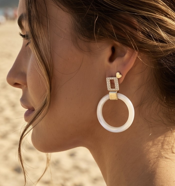 Genuine Blister Pearl lab grown Diamond 18K Gold over .925 Sterling Silver handcrafted Statement Earrings - Side view of earring: pearl hoop, diamond accents, 18K gold post.