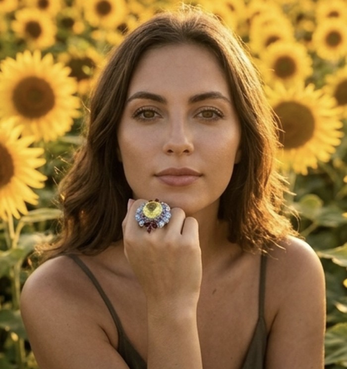 Isabel 18.8 carat Genuine Lemon Quartz Chroem rhodium over .925 Sterling Silver handcrafted ring size 8 - Ring worn on hand with sunflowers in background.