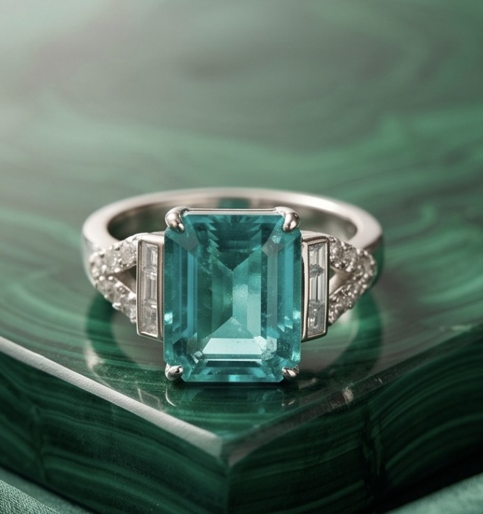 Elizabeth 11.7 carat Colombian Emerald .925 Sterling Silver dipped in Rhodium handcrafted Ring size 7 3/4 - Emerald ring close-up on malachite background, 11.7 carat stone.