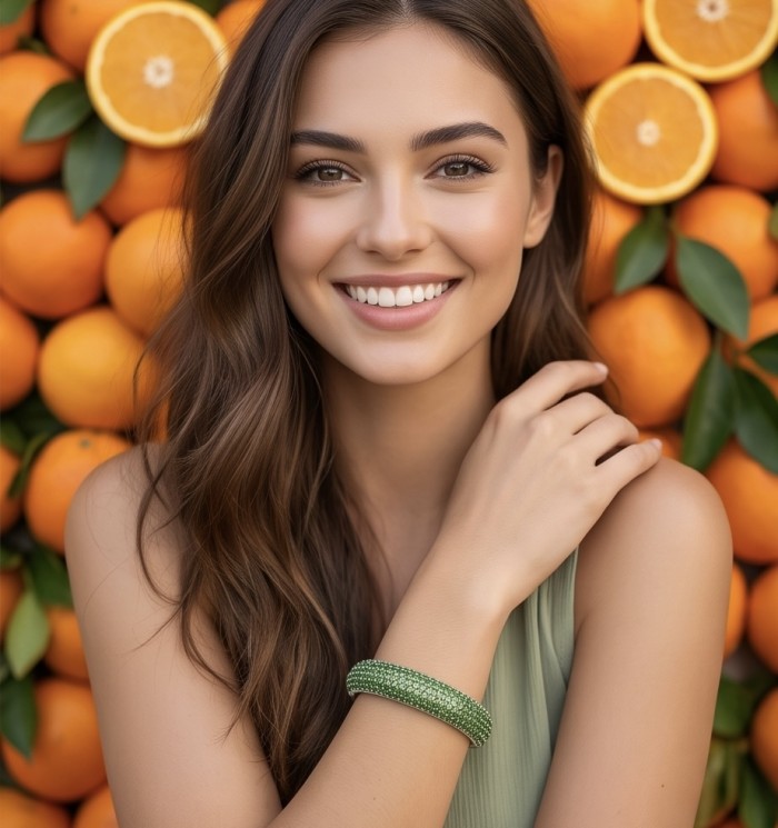 Authentic 10.9 carat pave Chrome Diopside .925 Sterling Silver dipped in Rhodium handcrafted Bracelet - Woman wearing green pave Chrome Diopside bracelet, background of oranges.