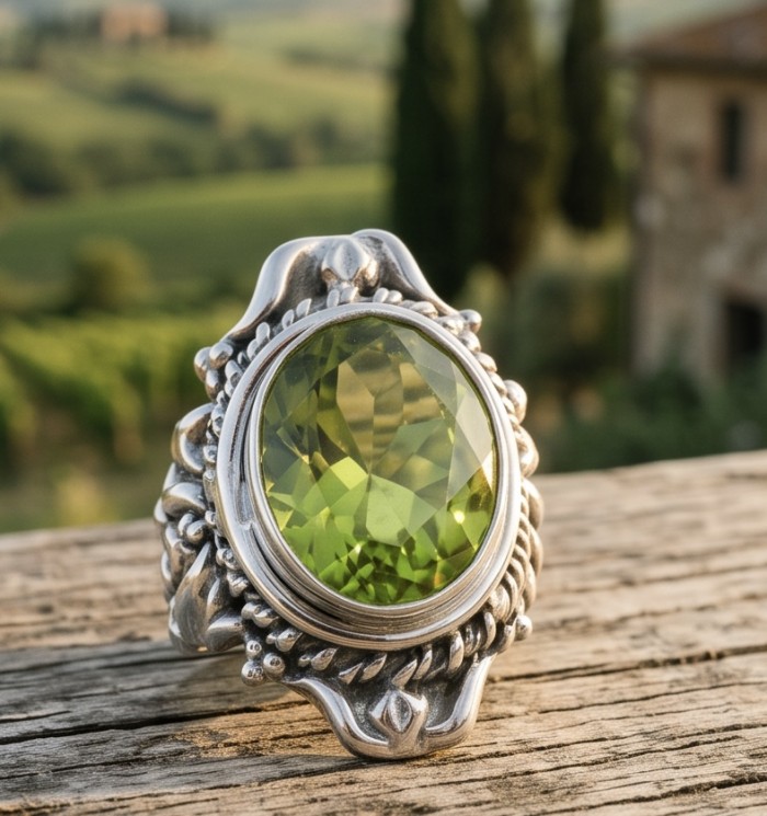 Big Dreamer Massive 25.8 carat Green Topaz .925 Sterling Silver handcrafted Large ring size 11 - Close-up of 25.8 carat green topaz ring with intricate silver design.