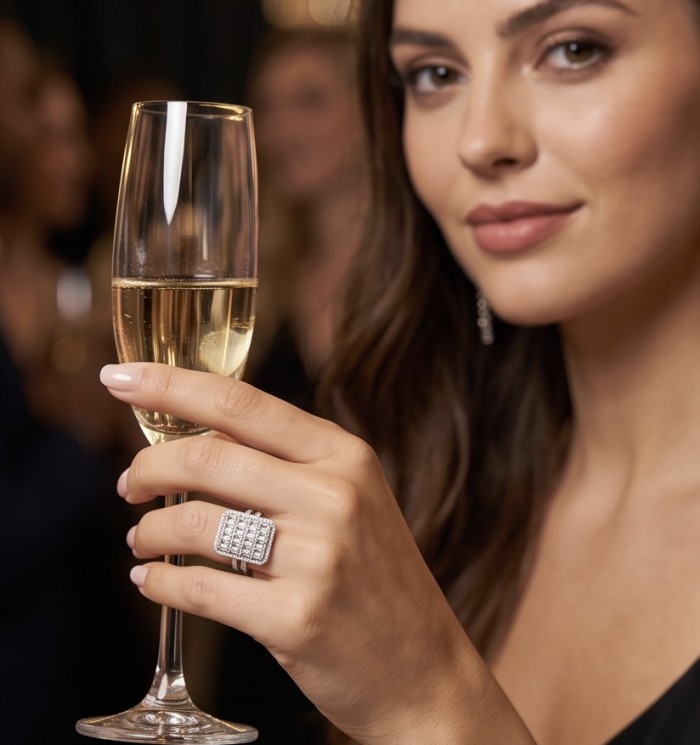 Art Deco Luxurious 14.5 carat White Topaz rhodium over .925 Sterling Silver ring size 7 - Hand wearing Art Deco White Topaz ring holding champagne glass close-up