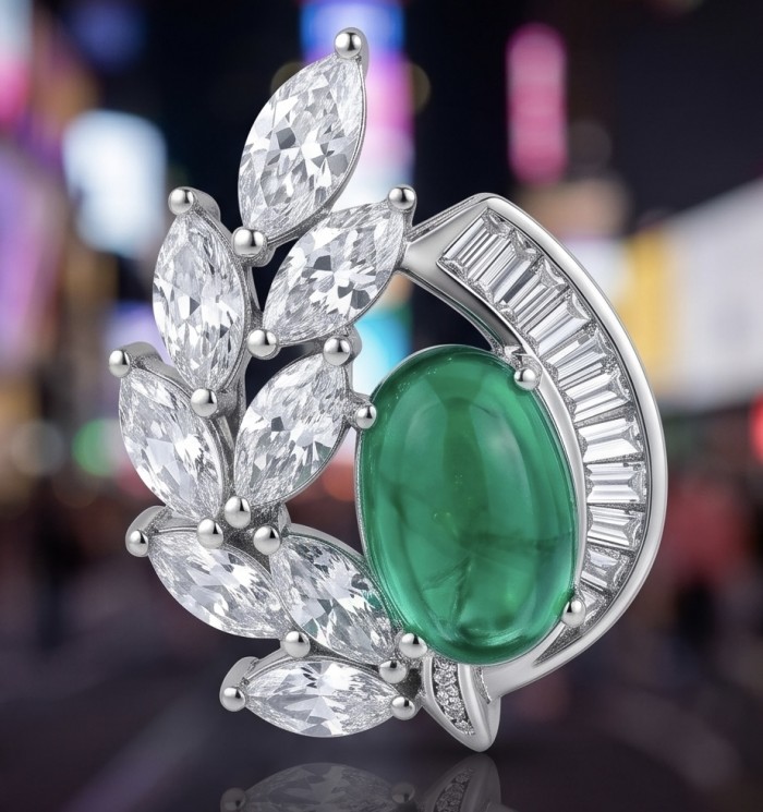 Luxurious - 7.2 carat Colombian Emerald .925 Sterling Silver dipped in rhodium handmade Statement Earrings - Close-up of luxurious emerald pendant with silver and diamond accents