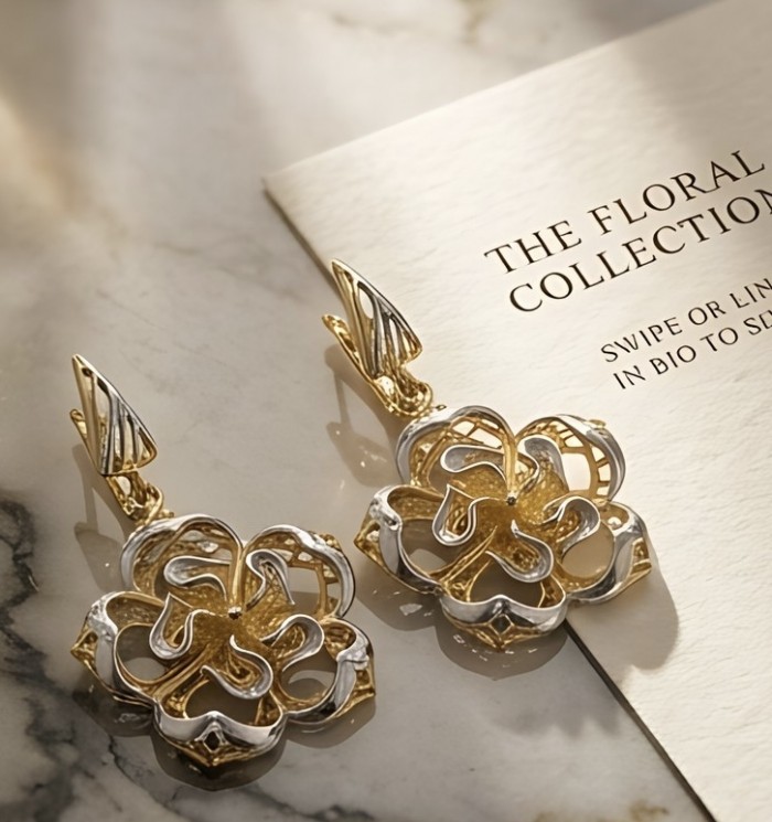 Golden Roses Dubai Style - .925 Sterling Silver dipped in 22K Gold handmade Earrings - Floral earrings front view on marble with product card.