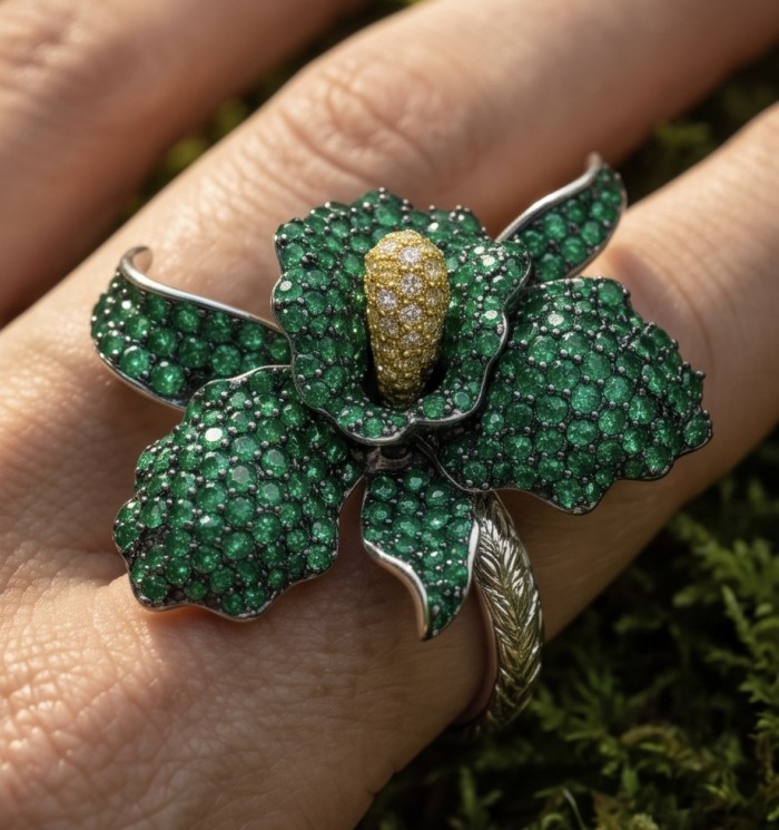 Precious Orchid Bloosom Genuine pave 18.5 carat Emerald .925 Sterling Silver handmade LARGE Statement Ring size 7 - Orchid ring with emeralds and diamonds worn on hand, close-up view.