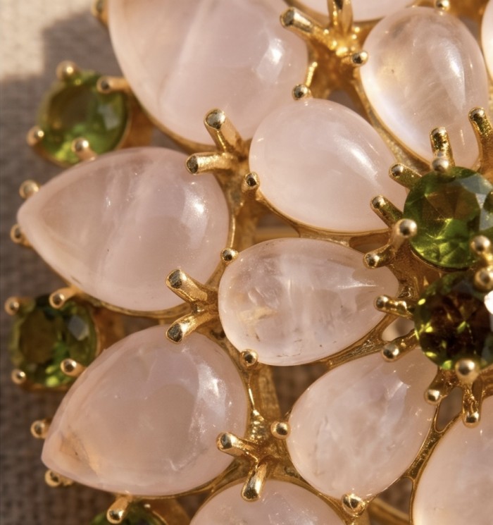Vintage Floral design genuine 48.5 carat Brazilian Rose Quartz 18k Gold over .925 Sterling Silver handmade Pendant - Brooch - Close-up of vintage floral design jewelry with rose and green stones