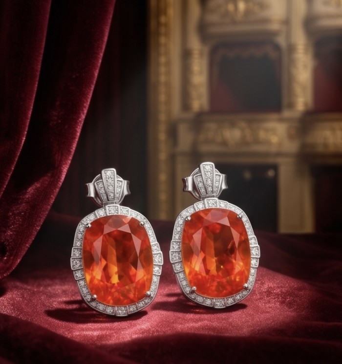 Vivid Energy 14.4 ctw Red Topaz .925 Sterling Silver handcrafted Statement earrings - Red Topaz earrings on display with a luxurious background.