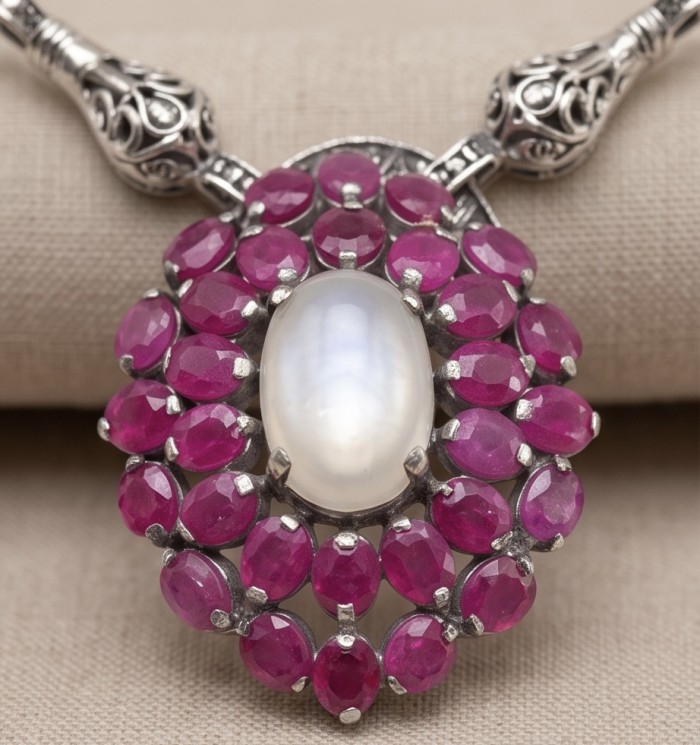Strawberry's Field - 10.2 carat Rose Quartz 14.7 Ruby rhodium over .925 Sterling Silver .925 Sterling Silver Necklace - Close-up of Strawberry's Field pendant with rose quartz and ruby.