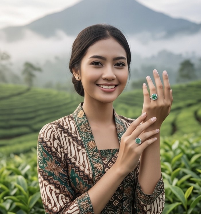 4.8 carat authentic Tsavorite Garnet .925 Sterling Silver handcrafted Statement Ring s. 7 - Woman wearing Tsavorite Garnet ring in scenic outdoor setting.