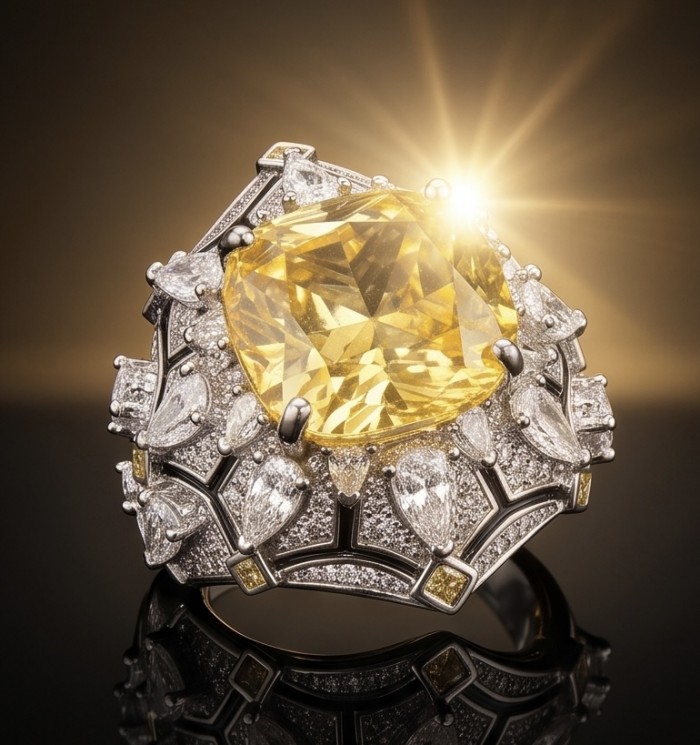 Luxurious asscher cut 18.5 carat Yellow Sapphire rhodium over .925 Sterling Silver handcrafted ring size 6 3/4 - Close-up of luxurious 18.5 carat yellow sapphire ring with elegant setting.