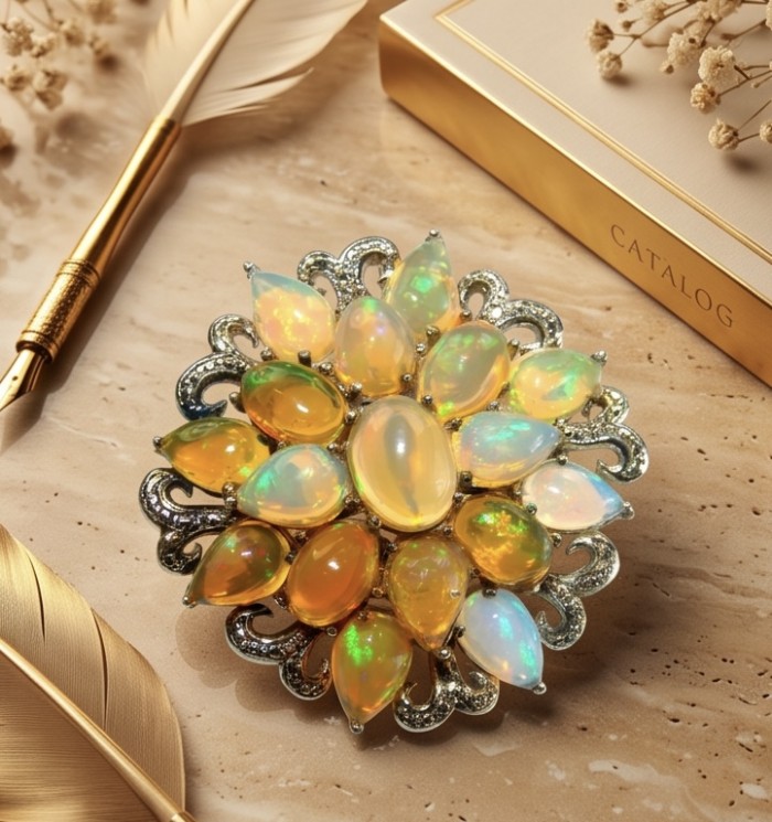 Black Label Collection Genuine 24.8 carat Fire Ethiopian Opal .925 Sterling Silver dipped in rhodium handmade Pendant - Brooch - Close-up of Black Label Collection Ethiopian opal jewelry on marble surface