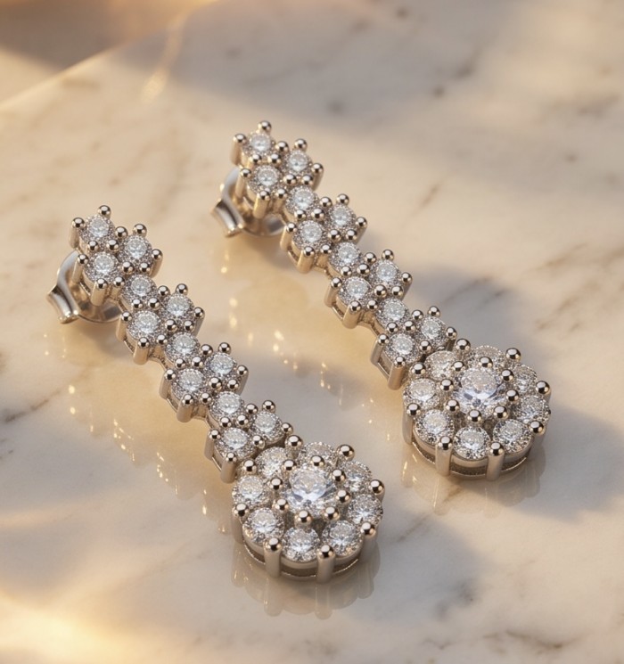 Romantica - Precious Natural 2.7 carat White Topaz .925 Sterling Silver handmade Statement earrings - Dangling white topaz earrings on marble surface, angled view.
