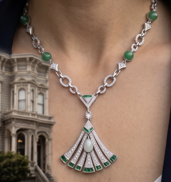 Art Deco - Authentic 6.7 CARAT natural Colombian Emerald 1.9 carat Moissanite .925 Sterling Silver handcrafted necklace - Art Deco Colombian emerald necklace, worn around neck, showcasing emeralds.