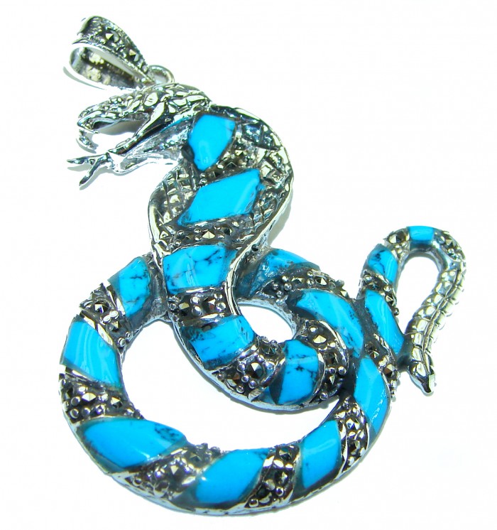 Blue Cobra Snake inlay Turquoise .925 Sterling Silver handcrafted Pendant - photo 1