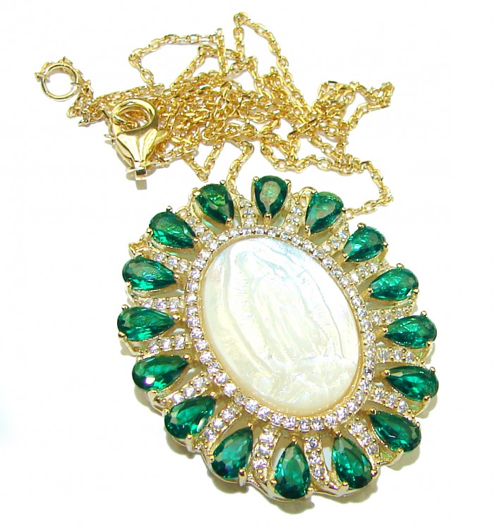 Virgin MARY Precious Blister Pearl Chrome 14.5 CARAT Diopside 18K Gold over .925 Sterling Silver Necklace - photo 4