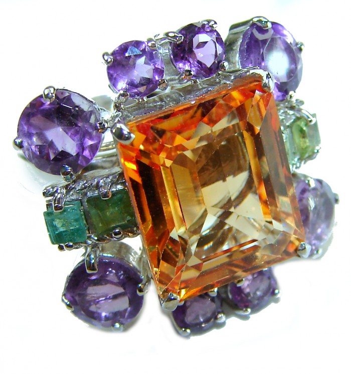 Real Beauty 19.5 carat Authentic Golden Topaz .925 Sterling Silver handcrafted Statement ring size 6 - Close-up of multicolored gemstone ring with golden topaz centerpiece