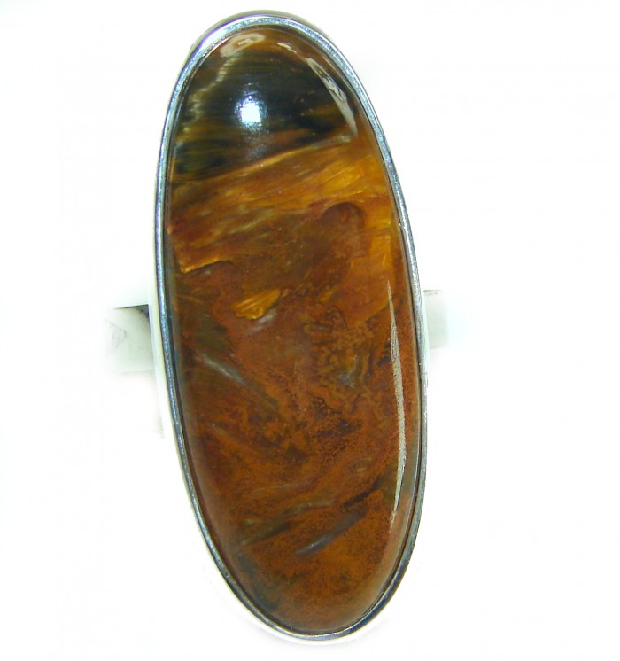 Large 22.5 carat Silky Golden Pietersite .925 Sterling Silver handmade Ring size 8 adjustable - Close-up of large oval Silky Golden Pietersite stone in .925 sterling silver.